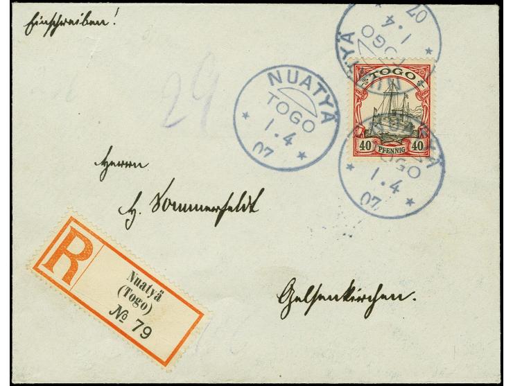 "NUATYÄ TOGO 1.4.07", mehrfach sehr klar auf R-Brief mit Kaiseryacht 40 Pfg. nach Gelsenkirchen mit Ankunftsstempel, Kabinett