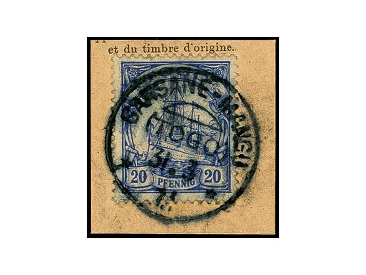"SANSANE MANGU TOGO 31.3.14", klar auf Kaiseryacht 20 Pfg. auf Postanweisungs-Briefstück, Kabinett, seltener Stempel
