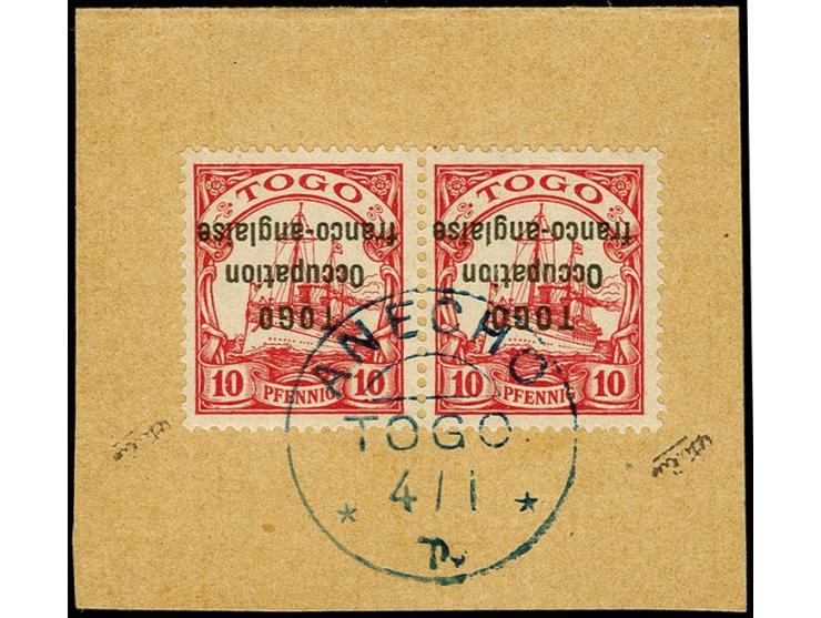 1915, 10 Pfg. mit kopfstehendem Aufdruck im waagerechten Paar mit sauberem Stempel "ANECHO 4/1" in blau auf großem Briefstück
