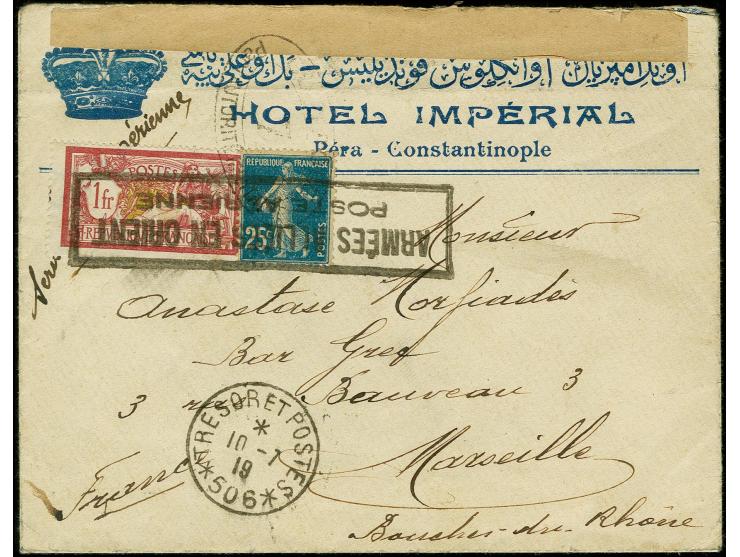 1919, Imperial Hotel cover to Marseille franked with 25c and 1f tied by boxed "ARMEES ALLIES EN ORIENT Poste Aerienne" handca