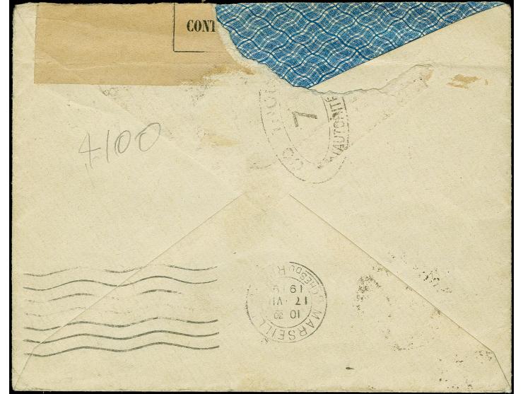 1919, Imperial Hotel cover to Marseille franked with 25c and 1f tied by boxed "ARMEES ALLIES EN ORIENT Poste Aerienne" handca
