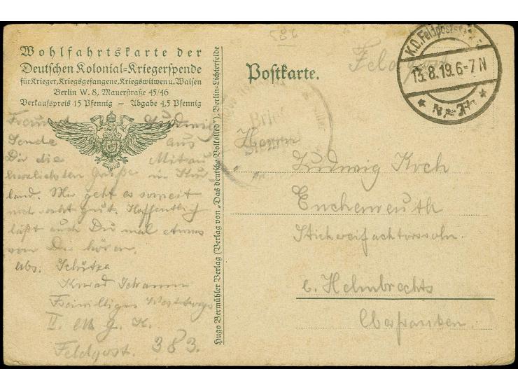 FELDPOST DER RUSSISCHEN FREIWILLIGEN WESTARMEE: Feldpostkarte vom 13.8.19 mit Absenderangabe "Freiwillige Westkorps II. M.G.K