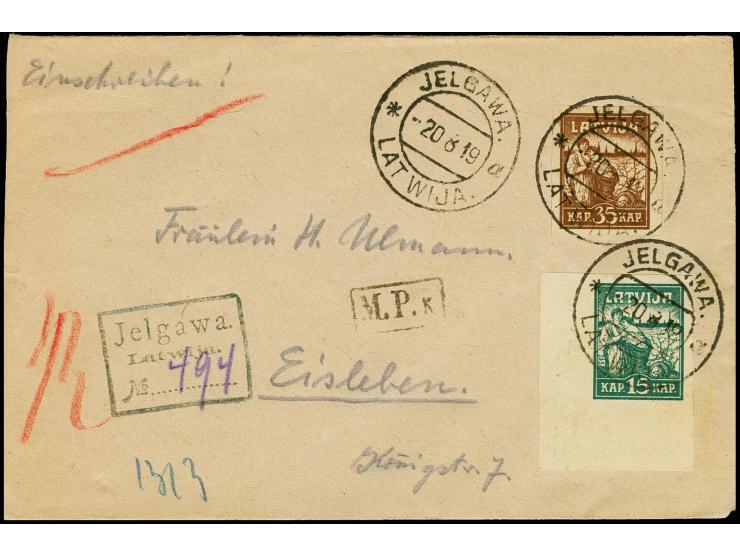BALTISCHE LANDESWEHR: 1919, Lettland Befreiung von Riga 15 und 35 K. mit Stempel "JELGAWA 20.8.19" auf R-Brief nach Eisleben 