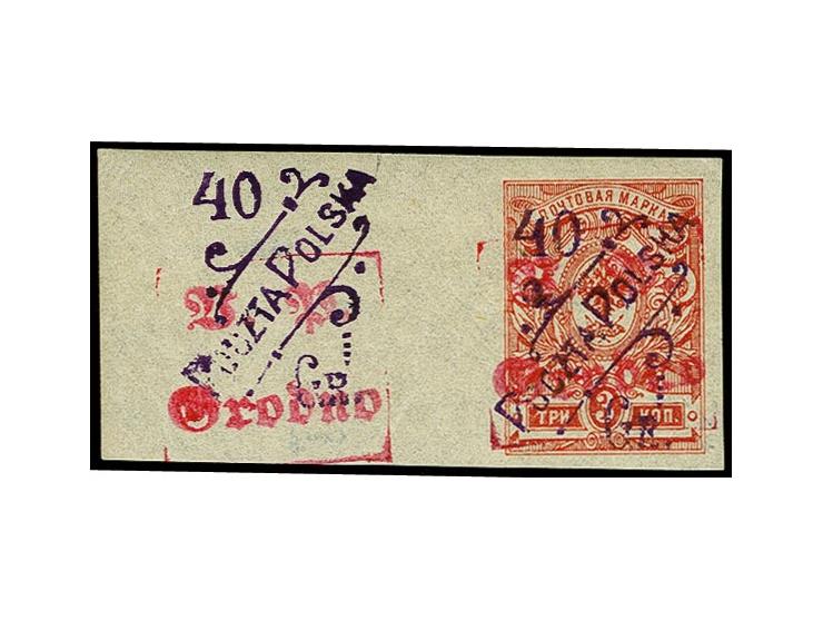 40 Gr. auf 3 K., polnischer Aufdruck in violett, linkes Randstück mit zusätzlichem polnischem und deutschem Aufdruck auf dem 