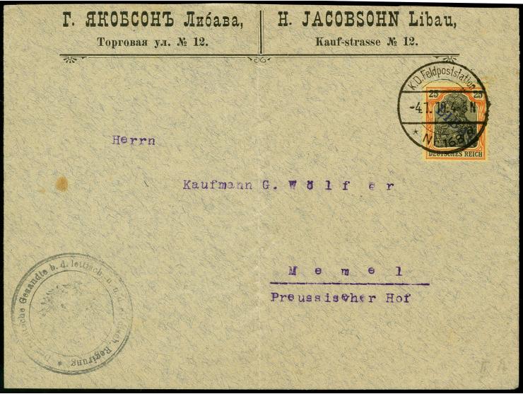 25 Pfg. mit Stempel "K.D. Feldpoststation -4.1.19" auf einmal gefaltetem Brief, oben kleine Zahnverkürzung, sonst tadellos, B