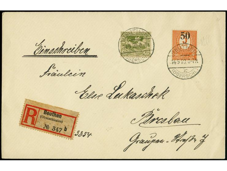 50 Pf. auf 5 M. mit Zufrankatur mit Stempel "BEUTHEN 14.5.20" auf portogerechtem R-Brief nach Breslau, tadellos, Fotoattest G