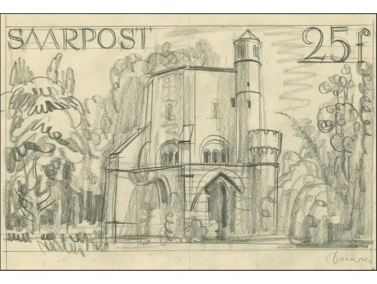 1948, Originalentwurf von Decaris, Bleistiftzeichnung mit Inschrift "SAARPOST" und Motiv "Abtei Mettlach" auf Wasserzeichenpa