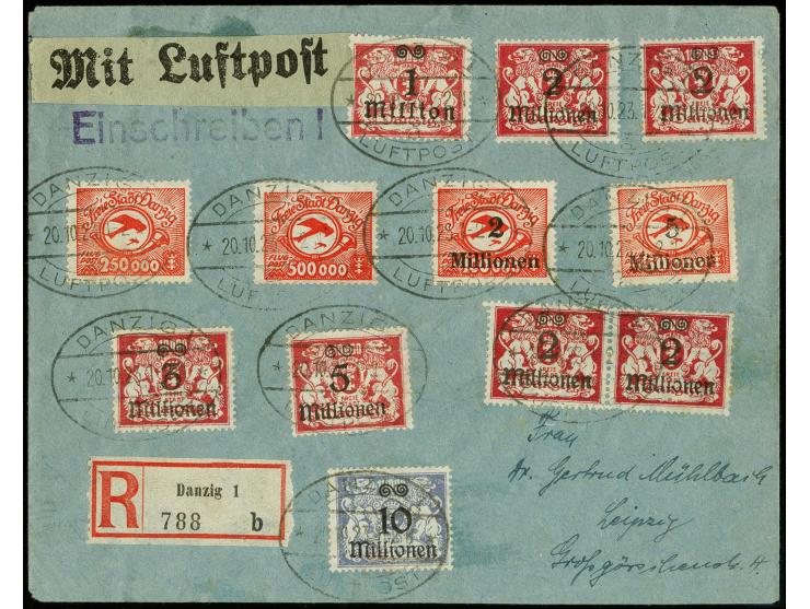 Flugpost 250000 M.- 5 Mio. kpl. mit Zufrankatur mit Stempel "DANZIG 1 LUFTPOST 20.10.23" auf nicht geflogenem R-Brief nach Le