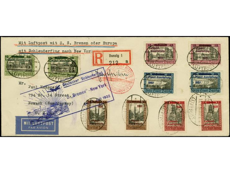 1932, Luposta 10-30 Pfg., zwei komplette Sätze je mit Stempel "DANZIG 1 LUFTPOST 11.7.32" auf R-Luftpost-Brief im Langformat 