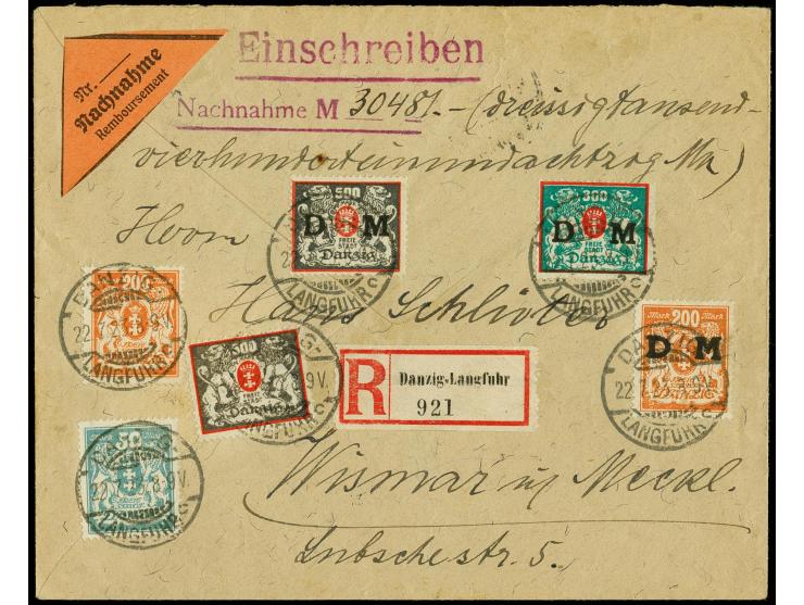 1923, Staatswappen 500 M. als nicht nötige Zufrankatur mit Stempel "DANZIG-LANGFUHR 22.7.23" auf Nachnahme-R-Brief nach Wisma