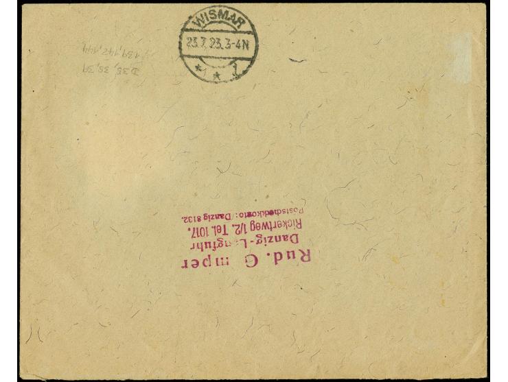 1923, Staatswappen 500 M. als nicht nötige Zufrankatur mit Stempel "DANZIG-LANGFUHR 22.7.23" auf Nachnahme-R-Brief nach Wisma