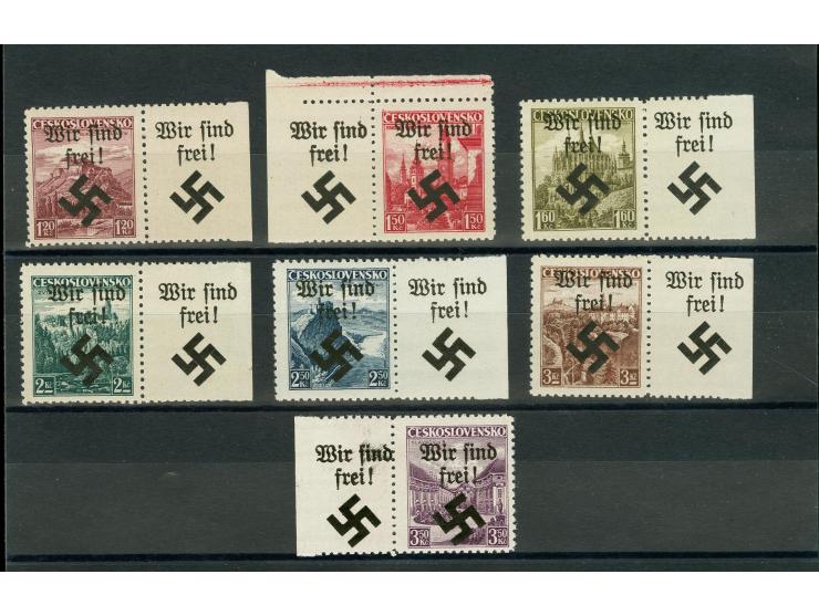 1939, Landschaften 1,20-3,50 Kr., je mit ebenfalls überdrucktem Bogenrand, postfrisch, tadellos, Befund Brunel
