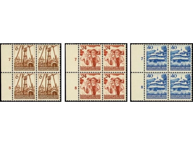 1944, Unverausgabte 6-40 Gr., einheitlich in Viererblocks mit linkem Bogenrand, postfrisch, ein Wert zu 6 Gr. mit natürlichem