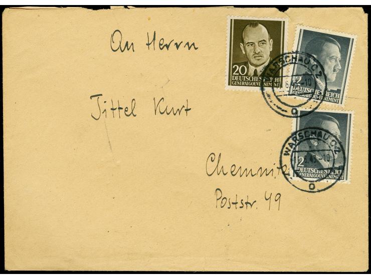 Britische Fälschungen für das Generalgouvernement: 1943, Frank-Marke 20 Groschen mit Zufrankatur mit Stempel "WARSCHAU C2 11.