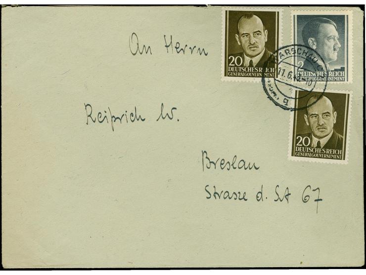 Britische Fälschungen für das Generalgouvernement: 1943, Frank-Marke 20 Groschen, zwei Werte mit Zufrankatur mit Stempel "WAR