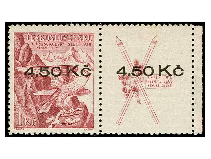 Sokol-Winterspiele 4,50 auf 1 Kc. lilakarmin mit Zierfeld und kleinem Bogenrand rechts, postfrisch, tadellos, mit überdruckte