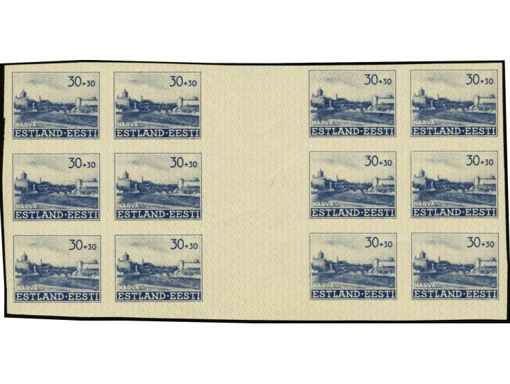 1941, Wiederaufbau 30+30 K., 2. Auflage, zwei ungezähnte 12er-Blocks mit je 3 waagerechten Zwischenstegpaaren, postfrisch