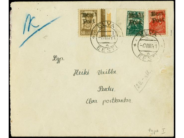 5, 15 und 50 K. mit Stempel "ELVA -6.VIII 41" auf etwas fehlerhaftem Umschlag mit blauem "K" Kontrollvermerk, Marken tadellos