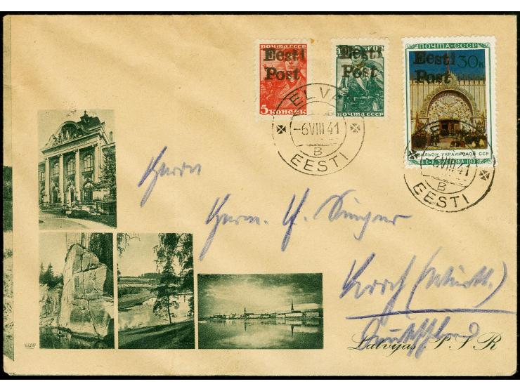 Ukrainische SSR 30 K. mit Zufrankatur mit Stempel "ELVA -6.VIII 41" auf beschriftetem Schmuckumschlag, 5 K. kleiner bräunlich