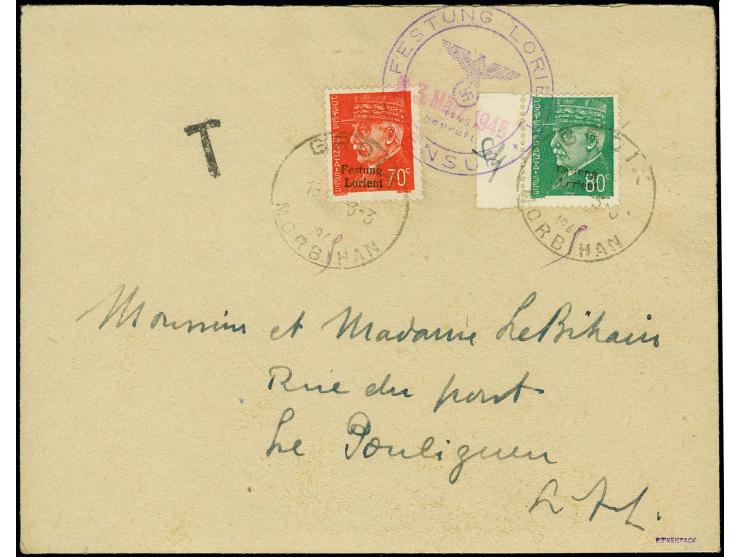 70 C. orangerot und Randstück 80 C. smaragdgrün mit Stempel "GROIX 18.3.44" (handschriftl in in "45" geändert) als portogerec