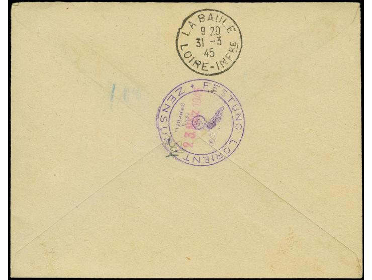 70 C. orangerot und Randstück 80 C. smaragdgrün mit Stempel "GROIX 18.3.44" (handschriftl in in "45" geändert) als portogerec