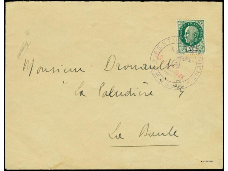 1945, 2 Fr. dkl'bläulichgrün mit Zensur-Stempel "FESTUNG LORIENT ZENSUR" und Datums-L1 "29 April.1945" auf Brief nach La Baul