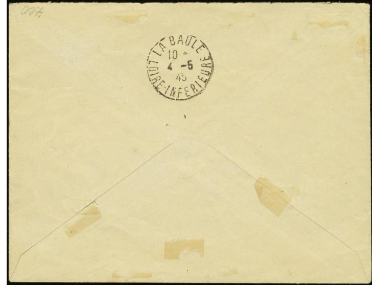 1945, 2 Fr. dkl'bläulichgrün mit Zensur-Stempel "FESTUNG LORIENT ZENSUR" und Datums-L1 "29 April.1945" auf Brief nach La Baul