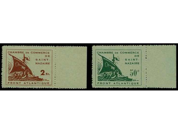 1945, Handelskammer 50C-2Fr., je als rechtes Seitenrandstück, ohne Gummi, tadellos, sign. Brun bzw. Calves