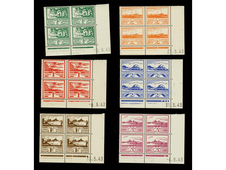 Ansichten ½ P.-3 P. kpl. in 4er-Blocks aus der rechten unteren Bogenecke mit Druckdaten, dabei 1 P. mit seltenem Druckdatum 8