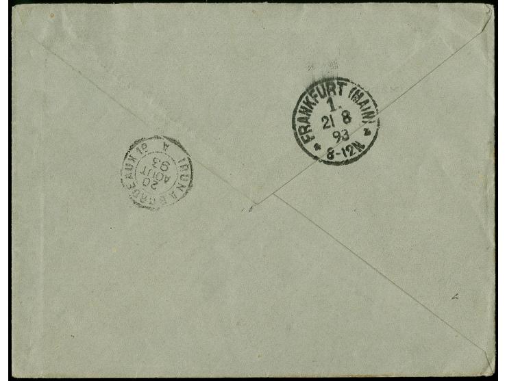 1891, Sage 10c., five singles tied by cds. "TANGER 16 93" to registered cover to Frankfurt, fine