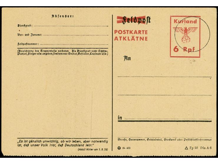 1945, Ganzsachenkarte 6 Rpf. mit Werbespruch "...es ist gänzlich unwichtig...", Rpf ohne Punkt und Kurland ohne Strich unten 