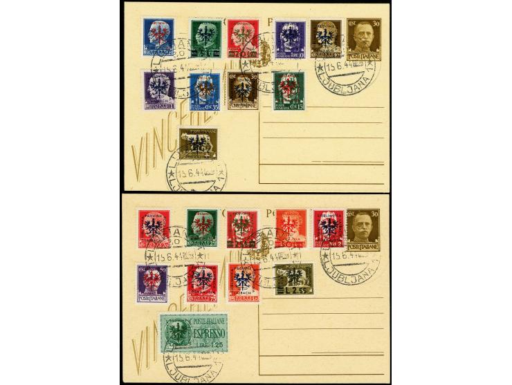1944, Freimarken 5C-50L. mit Stempel "LUBIANA 15.6.44" auf zwei Ganzsachenkarten, tadellos, selten, Fotoattest Krischke 