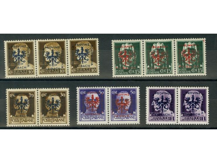 Partisanen-Ausgabe 10 C., (leicht angetrennt) 15 C., 30 C., 50 C. und 1 L. in waagerechten 3er-Streifen bzw. Paaren, 1 L. kle