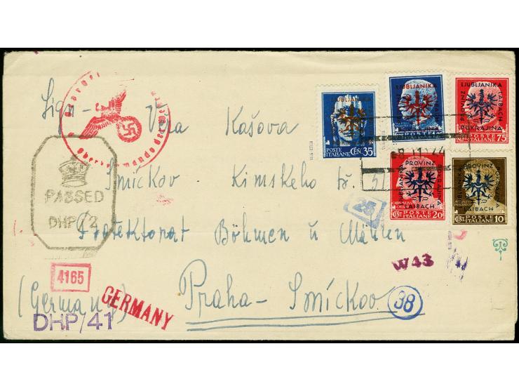 10,20,35,75C. und 1,25L. mit Datums-Rahmenstempel 8.11.44 auf mehrfach zensiertem Faltbrief nach Prag, tadellos, sign. Keiler