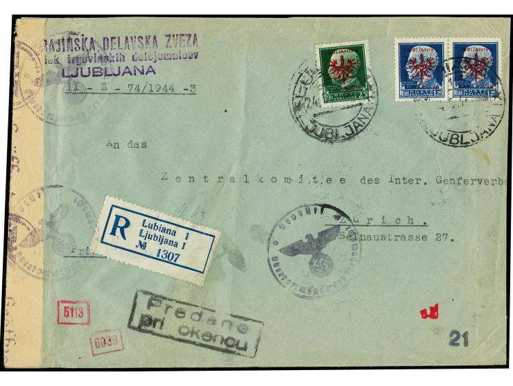 25 C. als Einzelwert und 1,25L. im waagerechten Paar mit Stempel "JUBLJANA 24.5.44" auf mehrfach zensiertem R-Brief nach Züri