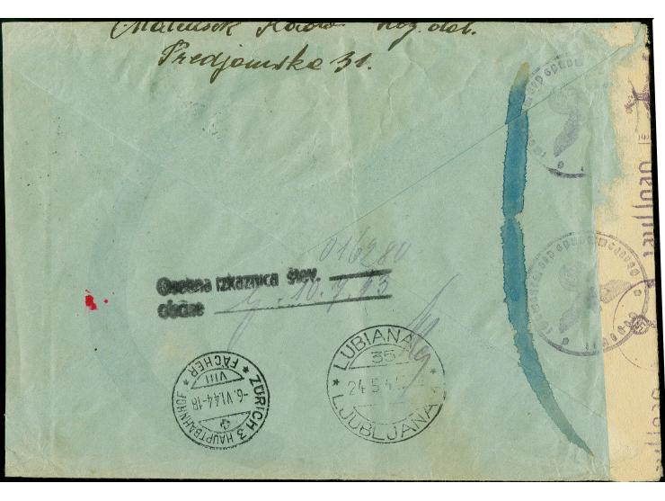 25 C. als Einzelwert und 1,25L. im waagerechten Paar mit Stempel "JUBLJANA 24.5.44" auf mehrfach zensiertem R-Brief nach Züri