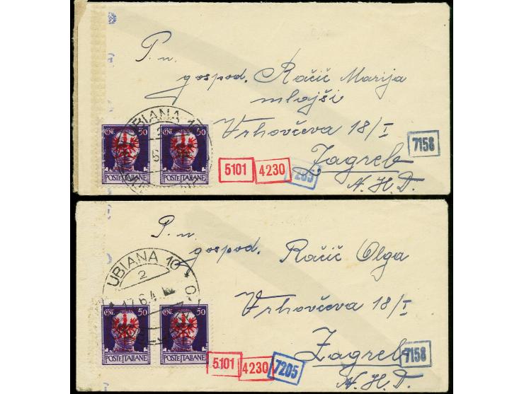50C., zwei waagerechte Paare, je mit Stempel LUBIANA 17.6.44" auf zwei kleinformatigem, mehrfach zensierten Brief nach Zagreb