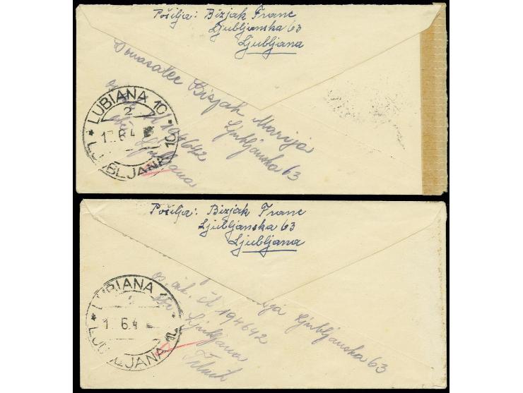 50C., zwei waagerechte Paare, je mit Stempel LUBIANA 17.6.44" auf zwei kleinformatigem, mehrfach zensierten Brief nach Zagreb