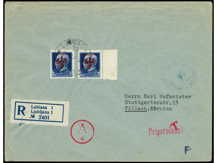 1944, Freimarke 1,25L., zwei Einzelwerte, einmal mit Bogenrand mit Stempel "LAIBACH 27.12.44" auf R-Brief nach Villach, tadel