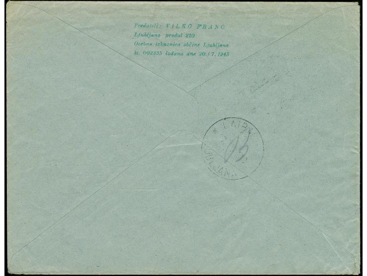 1944, Freimarke 1,25L., zwei Einzelwerte, einmal mit Bogenrand mit Stempel "LAIBACH 27.12.44" auf R-Brief nach Villach, tadel