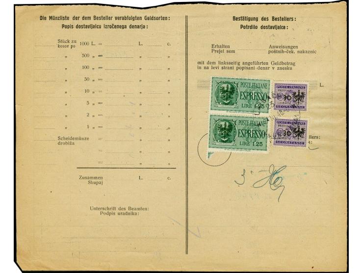 1944, Eilmarke 1,25L. im senkrechten Paar mit Zufrankatur mit Stempel "LAIBACH 24.III.45" auf Bestellkarte für Post-Scheckanw