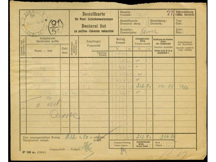 1944, Eilmarke 1,25L. im senkrechten Paar mit Zufrankatur mit Stempel "LAIBACH 24.III.45" auf Bestellkarte für Post-Scheckanw