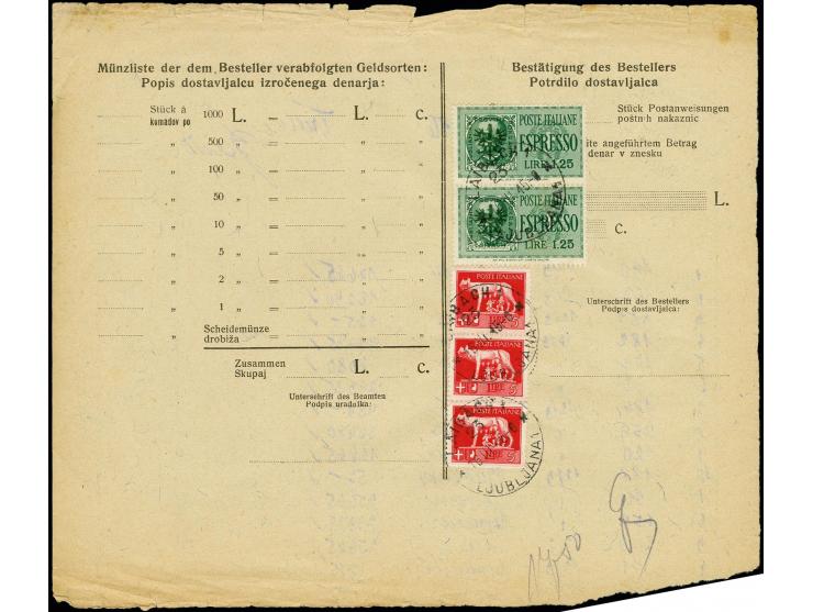 1944, Eilmarke 1,25L. im senkrechten Paar mit italienischer Zufrankatur 5L. rot im Dreierstreifen mit Stempel "LAIBACH 16.III