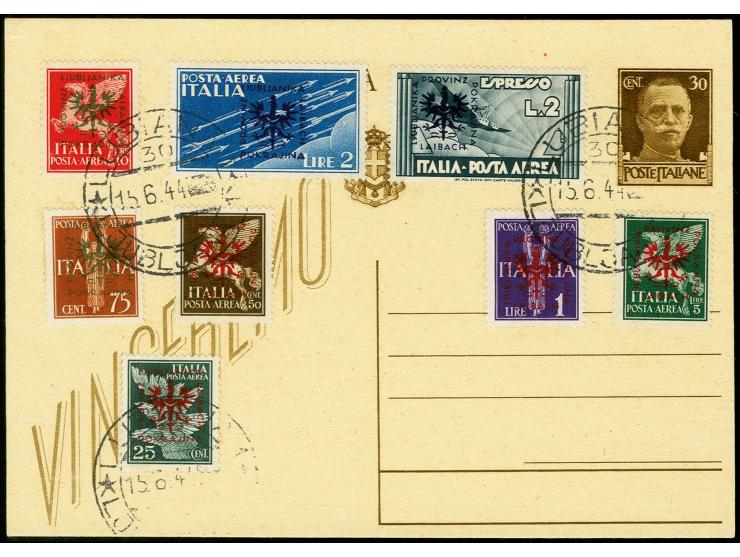 1944, Flugpost 25C-10L. mit Stempel "LUBIANA 15.6.44" auf Ganzsachenkarte, tadellos, selten, Fotoattest Krischke 