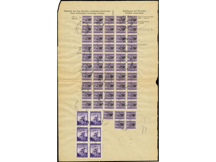 1945, Ansichten 1L. im 6er-Block und Porto 30 auf 50 C. im 50er- und 4er-Block sowie einer Einzelmarke mit Stempel "LAIBACH 2