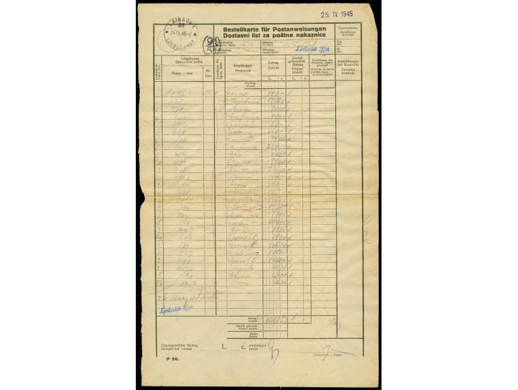 1945, Ansichten 1L. im 6er-Block und Porto 30 auf 50 C. im 50er- und 4er-Block sowie einer Einzelmarke mit Stempel "LAIBACH 2