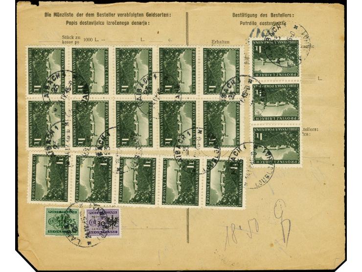 1945, Ansichten 1L. im 10er-Block und 3er bzw. 5er-Streifen mit Zufrankatur mit Stempel "LAIBACH 24.IV.45" auf Bestellkarte f