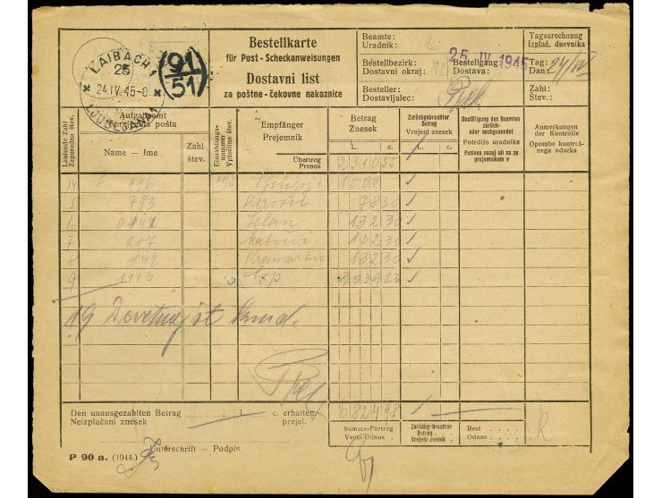 1945, Ansichten 1L. im 10er-Block und 3er bzw. 5er-Streifen mit Zufrankatur mit Stempel "LAIBACH 24.IV.45" auf Bestellkarte f