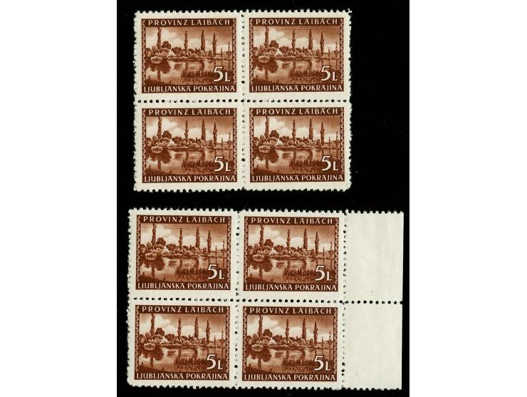 1945, Ansichten 5L., zwei Viererblocks, dabei auf drei Marken der Plattenfehler "Telegraphendraht", postfrisch, tadellos, Fot