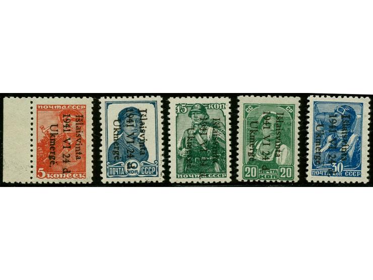 1941, 5-30 K., postfrisch bzw. 30 K. ungebraucht, 5 K. mit linkem Seitenrand, 20 K. einige verkürzte Zahnspitzen, sonst tadel